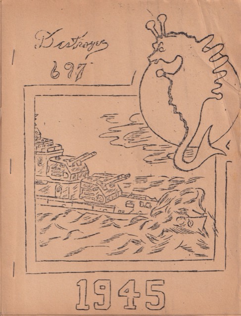 Cover of the ship's 1945 drawing book, hand-lettered Destroyer 697
