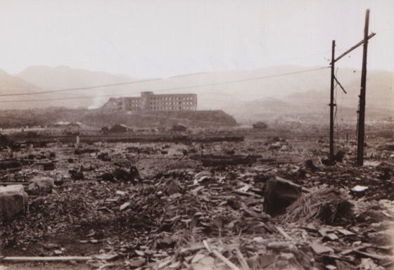 Nagasaki after the atomic bombing, photographed from the ground